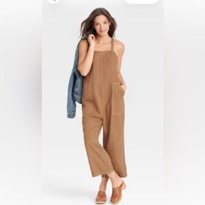 Linen-blend utility cropped overalls